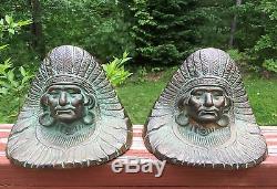 Pair Of Antique Full Headdress Brass Bronze Indian Chief Bookends Signed Named