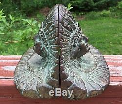 Pair Of Antique Full Headdress Brass Bronze Indian Chief Bookends Signed Named