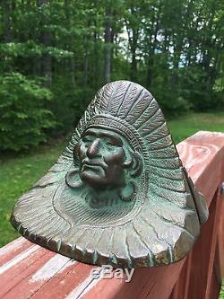 Pair Of Antique Full Headdress Brass Bronze Indian Chief Bookends Signed Named