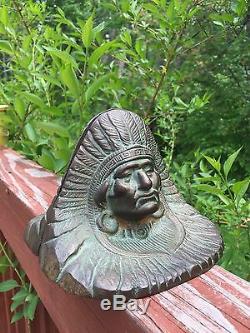 Pair Of Antique Full Headdress Brass Bronze Indian Chief Bookends Signed Named