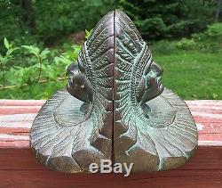 Pair Of Antique Full Headdress Brass Bronze Indian Chief Bookends Signed Named