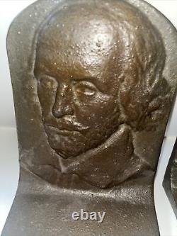Pair Of Antique Heavy Shakespeare Cast Iron Bookends Metal 7 Signed
