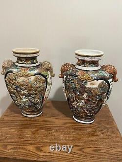 Pair Of Antique Japanese Satsuma Vases Signed By Artists Chin Ju Kan & Ryokuzan