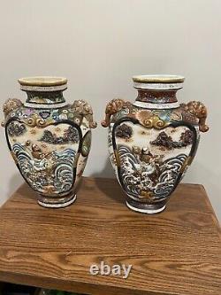 Pair Of Antique Japanese Satsuma Vases Signed By Artists Chin Ju Kan & Ryokuzan