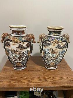 Pair Of Antique Japanese Satsuma Vases Signed By Artists Chin Ju Kan & Ryokuzan