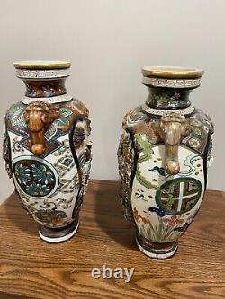 Pair Of Antique Japanese Satsuma Vases Signed By Artists Chin Ju Kan & Ryokuzan