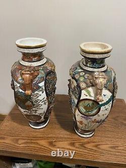 Pair Of Antique Japanese Satsuma Vases Signed By Artists Chin Ju Kan & Ryokuzan