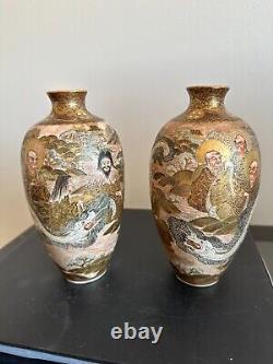 Pair Of Antique Japanese Satsuma Vases Signed By Japanese Artist Meigyokuzan