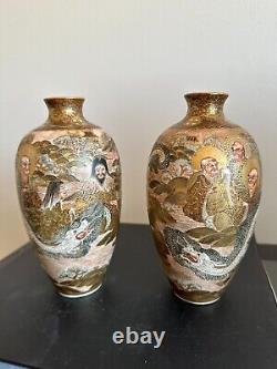 Pair Of Antique Japanese Satsuma Vases Signed By Japanese Artist Meigyokuzan