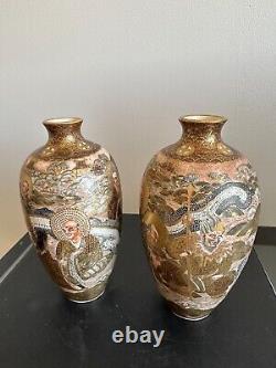 Pair Of Antique Japanese Satsuma Vases Signed By Japanese Artist Meigyokuzan