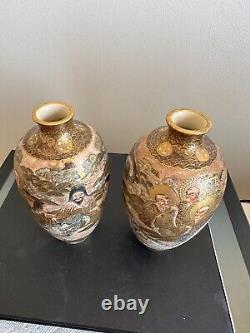 Pair Of Antique Japanese Satsuma Vases Signed By Japanese Artist Meigyokuzan