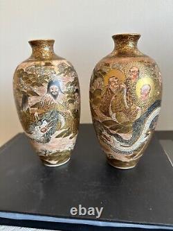 Pair Of Antique Japanese Satsuma Vases Signed By Japanese Artist Meigyokuzan