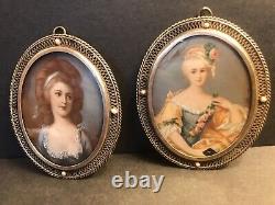 Pair Of Antique Miniature Portrait/Jeweled Frame/Signed/Europe C. 1900/Painted