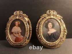 Pair Of Antique Miniature Portrait/Signed/Bronze Gilding Frame/Europe C. 1920/Oil