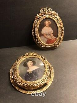 Pair Of Antique Miniature Portrait/Signed/Bronze Gilding Frame/Europe C. 1920/Oil