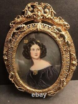 Pair Of Antique Miniature Portrait/Signed/Bronze Gilding Frame/Europe C. 1920/Oil