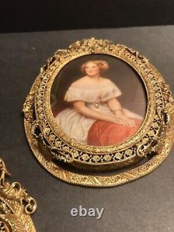 Pair Of Antique Miniature Portrait/Signed/Bronze Gilding Frame/Europe C. 1920/Oil