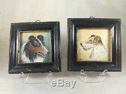 Pair Of Antique Miniature Watercolor Dog Portraits Signed Kendall, C. 1900