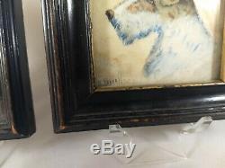 Pair Of Antique Miniature Watercolor Dog Portraits Signed Kendall, C. 1900