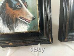 Pair Of Antique Miniature Watercolor Dog Portraits Signed Kendall, C. 1900