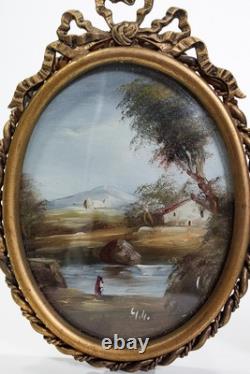 Pair Of Antique Oil On Metal SIGNED Landscapes On Bronze Mounts Art Paintings