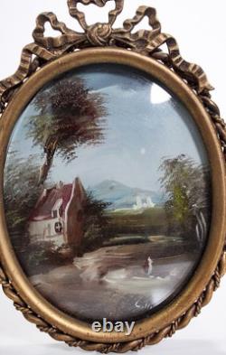 Pair Of Antique Oil On Metal SIGNED Landscapes On Bronze Mounts Art Paintings