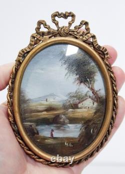 Pair Of Antique Oil On Metal SIGNED Landscapes On Bronze Mounts Art Paintings