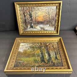 Pair Of Antique Oil Painting/Signed/F. G. Illem/Germany C. 1910/Winter/Summer/Woods