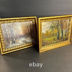 Pair Of Antique Oil Painting/Signed/F. G. Illem/Germany C. 1910/Winter/Summer/Woods