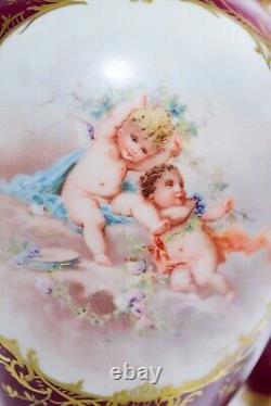 Pair Of Antique ROYAL VIENNA Hand Painted Cherub Signed Large Porcelain Vases