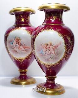 Pair Of Antique ROYAL VIENNA Hand Painted Cherub Signed Large Porcelain Vases