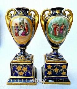 Pair Of Antique Royal Vienna Pedestal Vases Signed Kauffmann Beehive Mark Vvgc