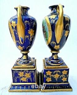 Pair Of Antique Royal Vienna Pedestal Vases Signed Kauffmann Beehive Mark Vvgc