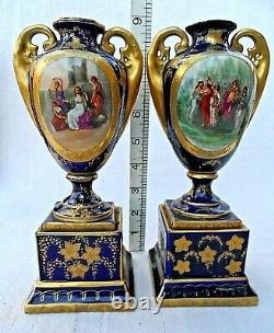 Pair Of Antique Royal Vienna Pedestal Vases Signed Kauffmann Beehive Mark Vvgc