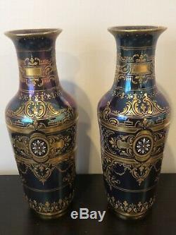 Pair Of Antique Royal Vienna Porcelain Portrait Iridescent Vases Signed 19c