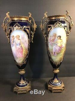 Pair Of Antique Sevres Porcelain Vase/ Signed / Raised Gold/ France C. 1920