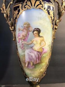 Pair Of Antique Sevres Porcelain Vase/ Signed / Raised Gold/ France C. 1920