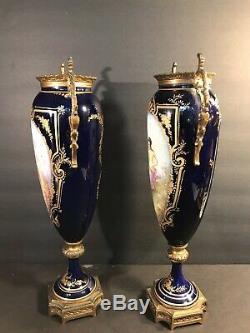 Pair Of Antique Sevres Porcelain Vase/ Signed / Raised Gold/ France C. 1920