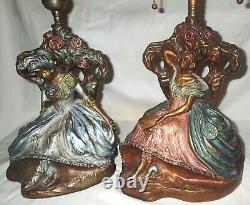 Pair Of Antique Sign Bonnie Mcleary Armor Bronze Clad Lady Dress Art Statue Lamp