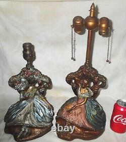 Pair Of Antique Sign Bonnie Mcleary Armor Bronze Clad Lady Dress Art Statue Lamp