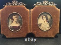 Pair Of Antique Signed Hand Painted Bronze Framed Detailed Portraits Must See No