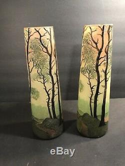 Pair Of Antique Signed Legras French Art Glass Vase/ Cameo & Enamel / Circa 1925