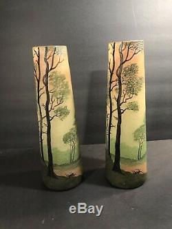 Pair Of Antique Signed Legras French Art Glass Vase/ Cameo & Enamel / Circa 1925