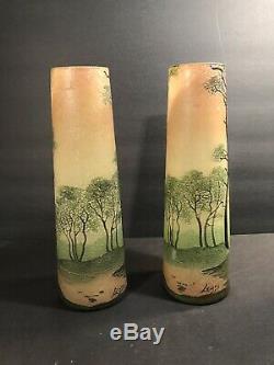 Pair Of Antique Signed Legras French Art Glass Vase/ Cameo & Enamel / Circa 1925