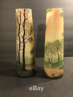 Pair Of Antique Signed Legras French Art Glass Vase/ Cameo & Enamel / Circa 1925