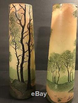 Pair Of Antique Signed Legras French Art Glass Vase/ Cameo & Enamel / Circa 1925