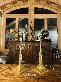 Pair Of Antique Solid Brass Neo Classical Table Lamps, Signed'Messenger