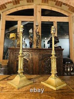 Pair Of Antique Solid Brass Neo Classical Table Lamps, Signed'Messenger