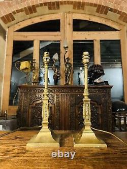 Pair Of Antique Solid Brass Neo Classical Table Lamps, Signed'Messenger