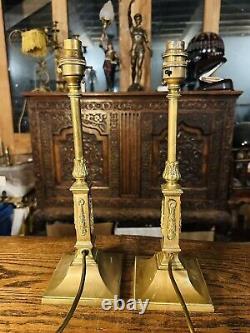 Pair Of Antique Solid Brass Neo Classical Table Lamps, Signed'Messenger